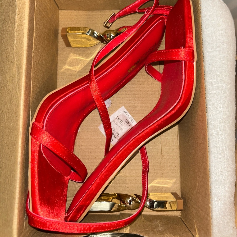 Fashion Nova Red Strappy Gold-Accent Block Heels